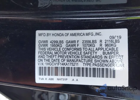 2019 Honda Accord Lx from USA, damaged, VIN 1HGCV1F14KA175211
